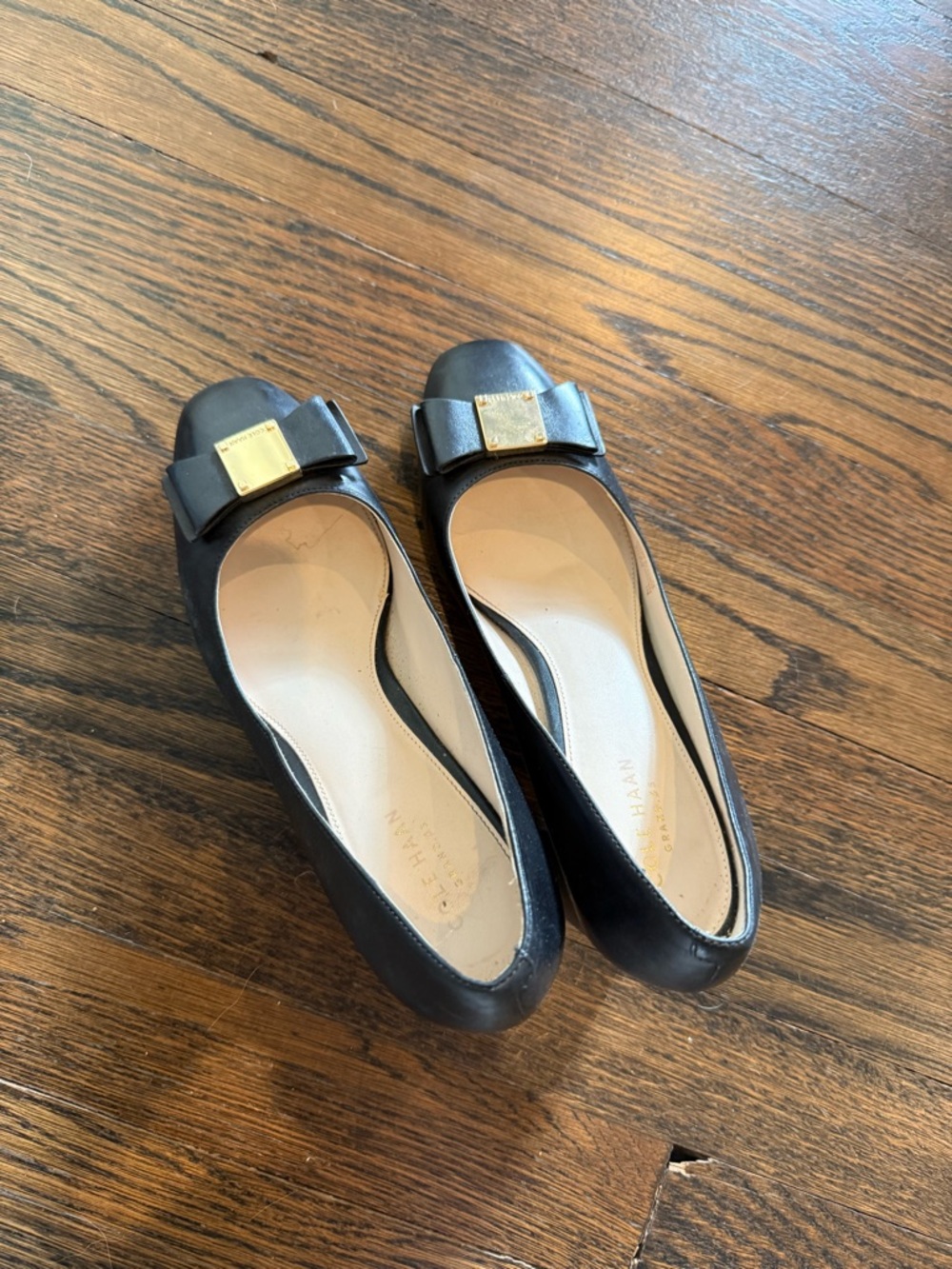 Cole Haan Black Leather Bow Low Heel with Gold Plaque